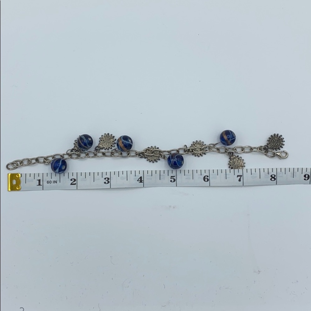 Bohemian Sun Face Celestial Charm Bracelet Blue Swirl Glass Bead Silver Tone - Picture 4 of 4